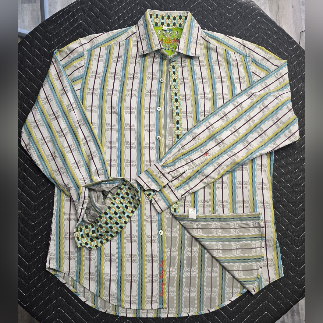Vintage Robert Graham Men's Green And Blue Striped Shirt